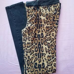Split Skinny Jeans Black/Brown Cheetah Print
